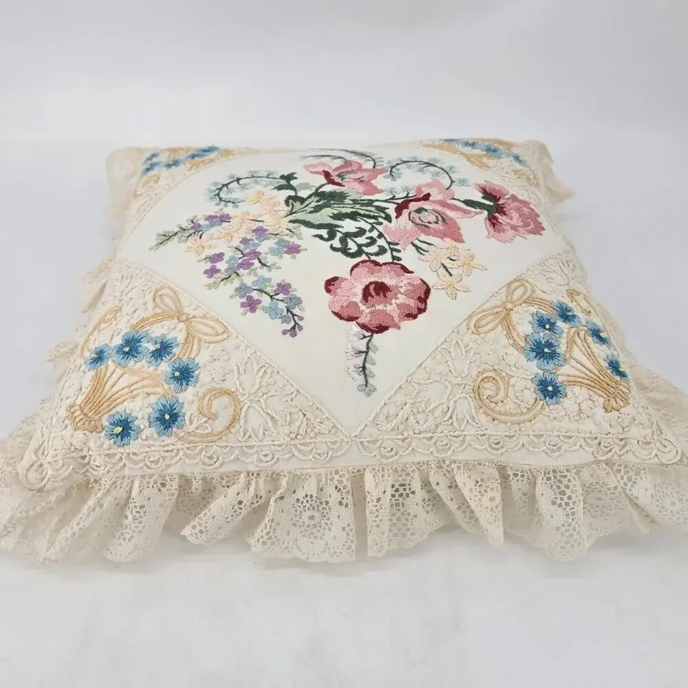 Vintage 90s Grandmacore Embroidered Candmar Designs Victorian Style Throw Pillow